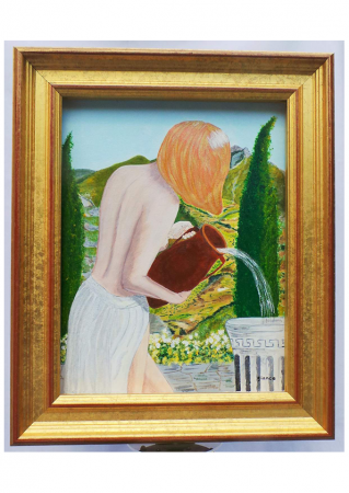 RECTO – VERSEAU : Acrylique sur toile, 50 cm x 40 cm, janvier 2014. Représentation du signe du Verseau au recto et au verso de la toile. La toile est placée entre deux cadres et posée sur un pied tournant. L’appellation de la toile cons